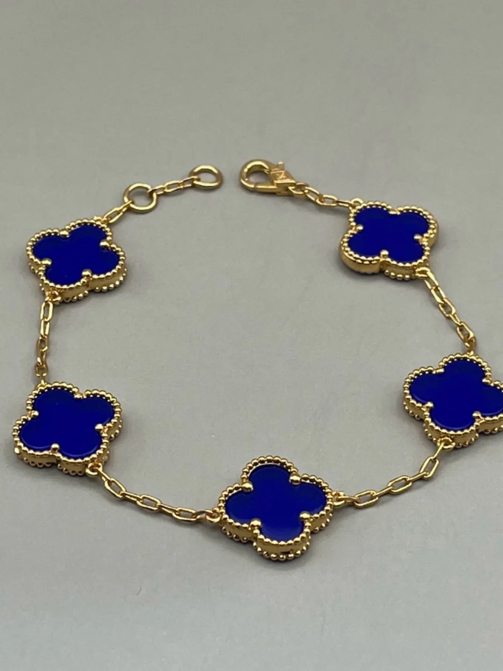 Gold-Plated Blue Clover Link Bracelet - Women Jewelry - 7.5”